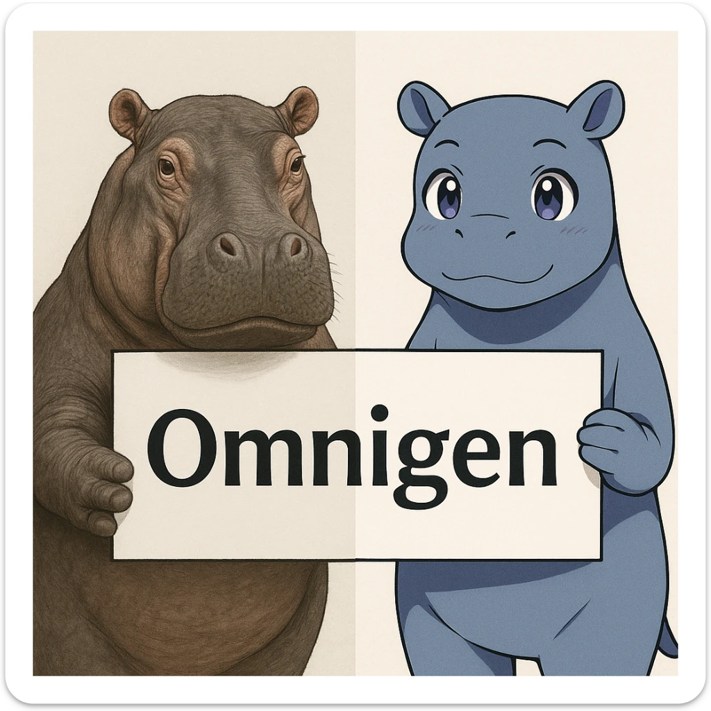 two hippo holding sign of omnigen, half picture 1 hippo is realistic another half is the anime of that same second hippo sticker