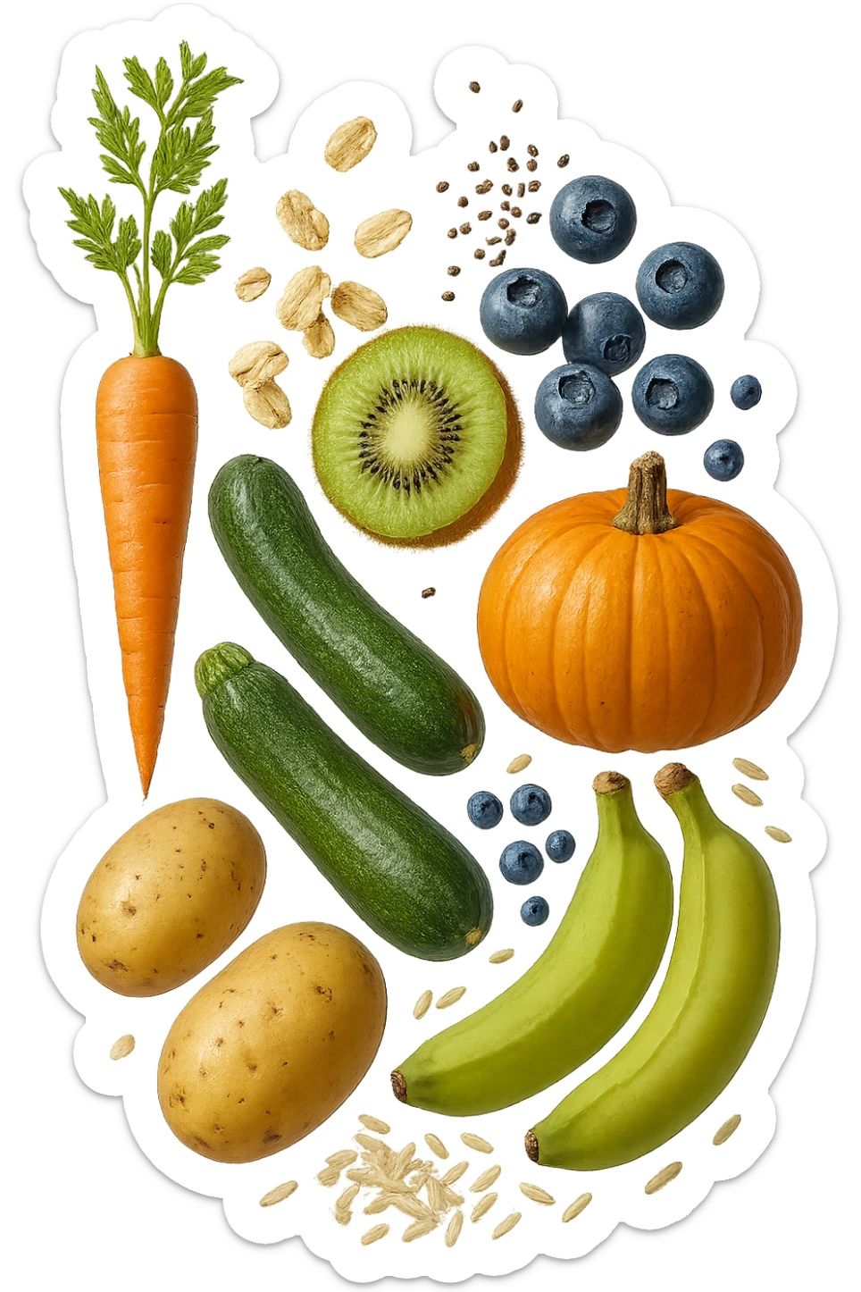 carota, fiocchi di avena, zucchine, kiwi, mirtilli, semi di chia, patate, banane acerbe, zucca, riso fluttuano in aria verticalmente, iperrealistici 4k sticker
