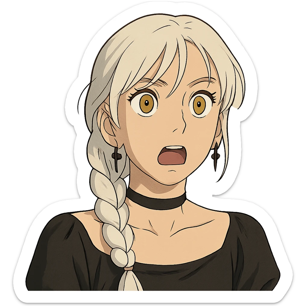 close-up portrait of shocked young woman with gold yellow eyes, white hair, long braid, black off-shoulder top, punk gothic style sticker