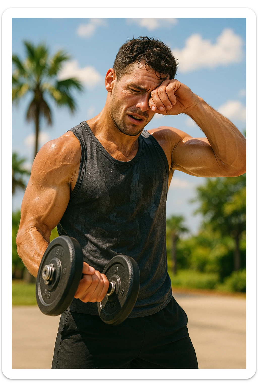 uomo fitness che si allena in estate, tutto sudato, con una mano fa un curl manubri mentre con l'altra mano si asciuga il sudore dalla fronte, espressione affaticata in volto sticker
