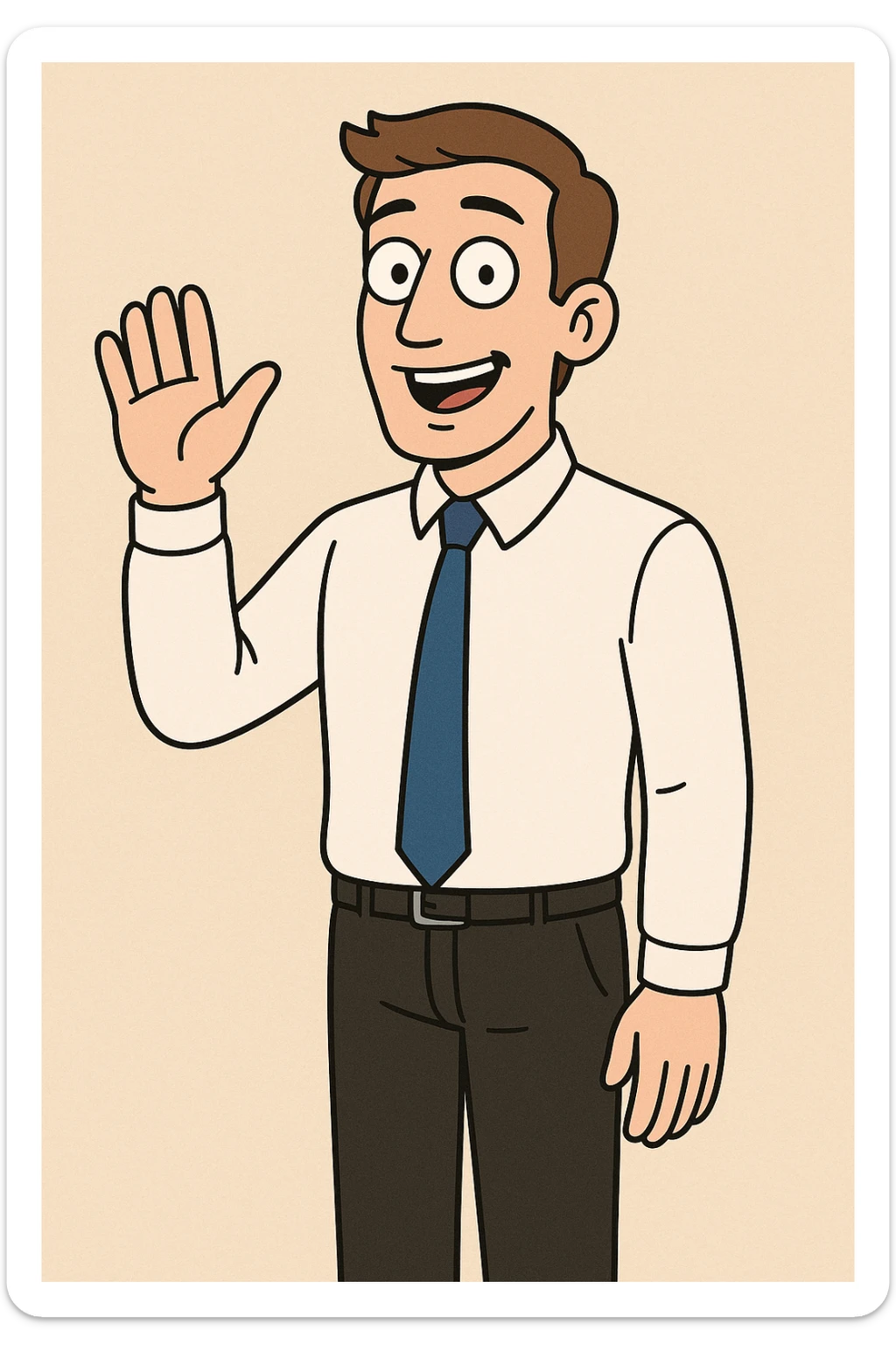 A man sky brown hair Marine Blue Colours Satin Tie White Whistler Classic Oxford Shirt black Apollo Flat Front Trouser hand to say hello sticker