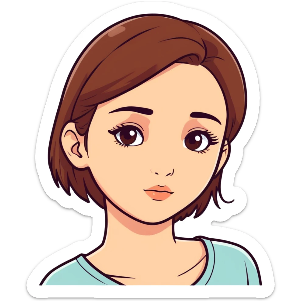 Girl with brown hair and brown eyes, straight eyebrows, long lashes, little cute nose, cute lips sticker