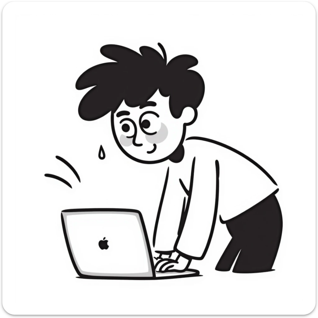 a person typing furiously on a laptop, hair standing up and sweat drops flying, playful doodle style sticker