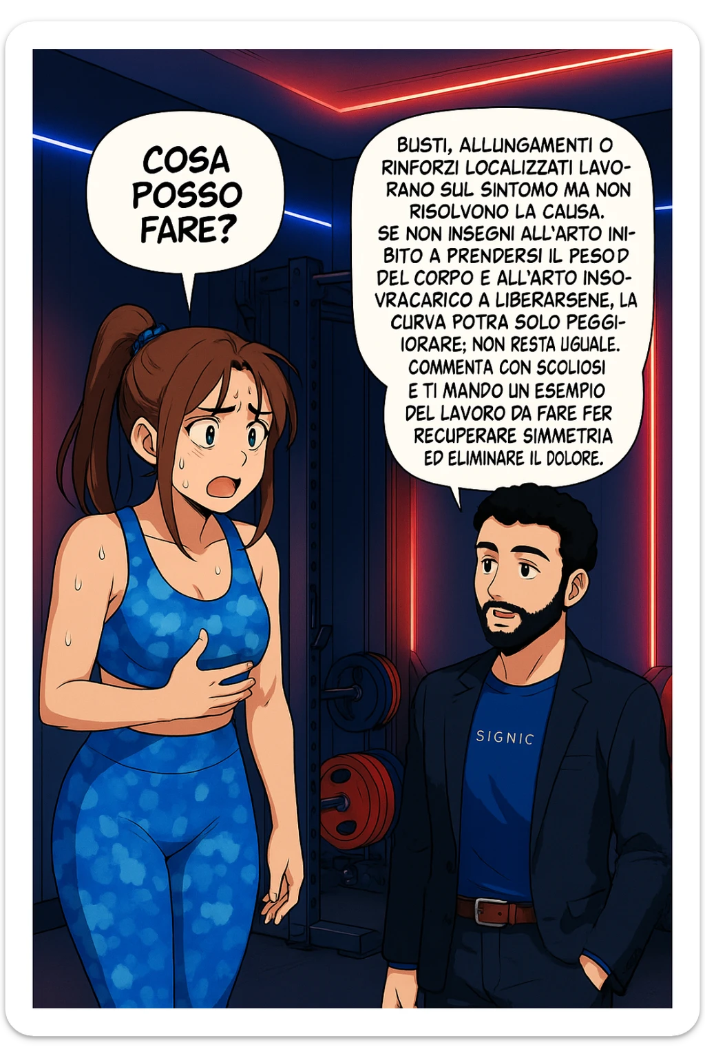 ispirati a questo stile di disegno e fai questa immagine in versione manga/webtoon a colori, il manga mostra la donna preoccupata che chiede: "COSA POSSO FARE?" E L'UOMO CHE RISPONDE: Busti, allungamenti o rinforzi localizzati lavorano sul sintomo ma non risolvono la causa. Se non insegni all’arto inibito a prendersi il peso del corpo e all’arto in sovraccarico a liberarsene, la curva potrà solo peggiorare; non resta uguale. Commenta con scoliosi e ti mando un esempio del lavoro da fare per recuperare simmetria ed eliminare il dolore. sticker