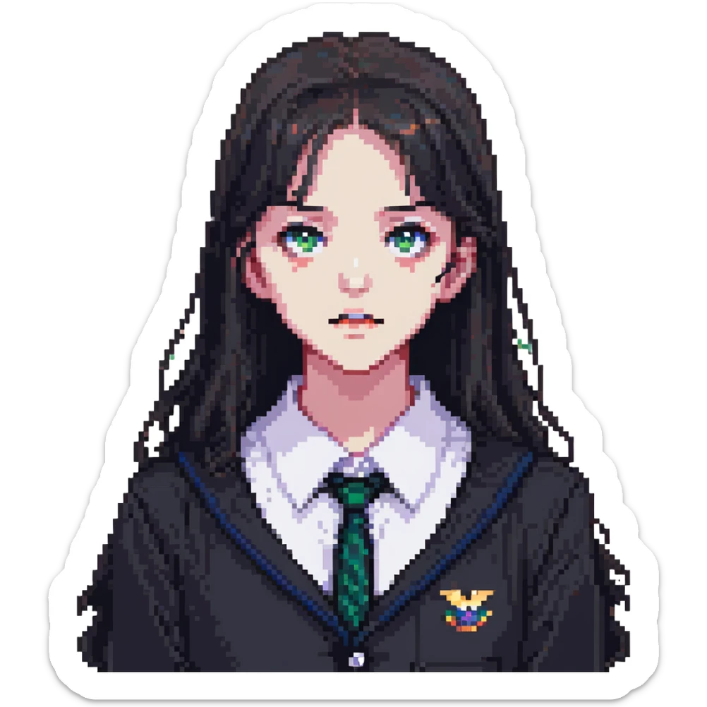 Girl in the shade, dark hair, dark school uniform, face in shadow, only outlines of eyes and mouth visible sticker