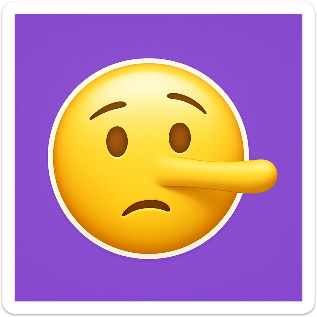 Recreate an emoji in Apple emoji style: a yellow face with a long Pinocchio nose, raised eyebrows, and a skeptical mouth. The emoji should have a white outline and a purple background. Exact recreation with these details. sticker