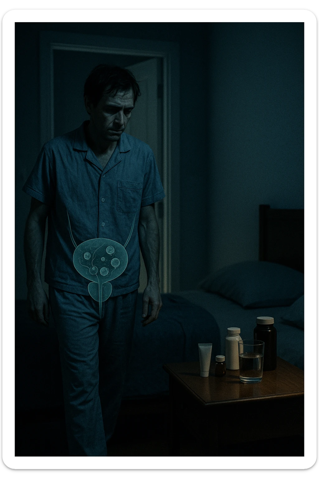 A cinematic night scene showing a man in his late 30s walking stanco verso il bagno in penombra, con la luce fioca che filtra da sotto la porta. Indossa abiti da notte sgualciti, ha un’espressione stanca e il volto scavato dalla mancanza di sonno. Sul comodino accanto al letto ci sono creme mediche, integratori e un bicchiere d’acqua. Una leggera sovrapposizione simbolica mostra, in trasparenza sul corpo, un’area anatomica maschile con presenza di microrganismi parassitari (raffigurati in stile medico-scientifico, non grottesco). Il contrasto visivo fa capire che la causa della nicturia è interna e nascosta, non visibile all’occhio umano. Illuminazione fredda, stile 35mm con profondità emotiva e sottile tensione clinica. sticker