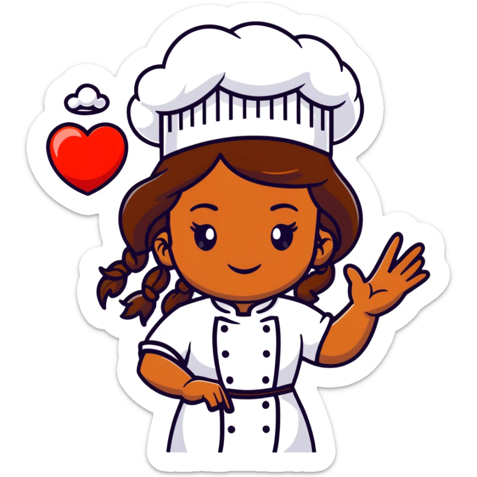 Brown-skinned female chef with long braided brown hair, wearing a chef's hat, with both an angel halo and devil horns, making a heart shape with her hands sticker