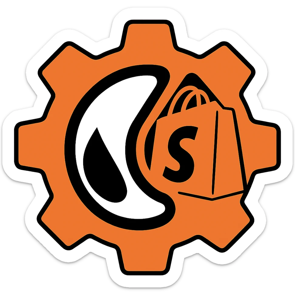 Add a Shopify bag icon to the logo, keeping the original style and colors, with a transparent background. The style of the logo should be preserved exactly as in the reference image. sticker