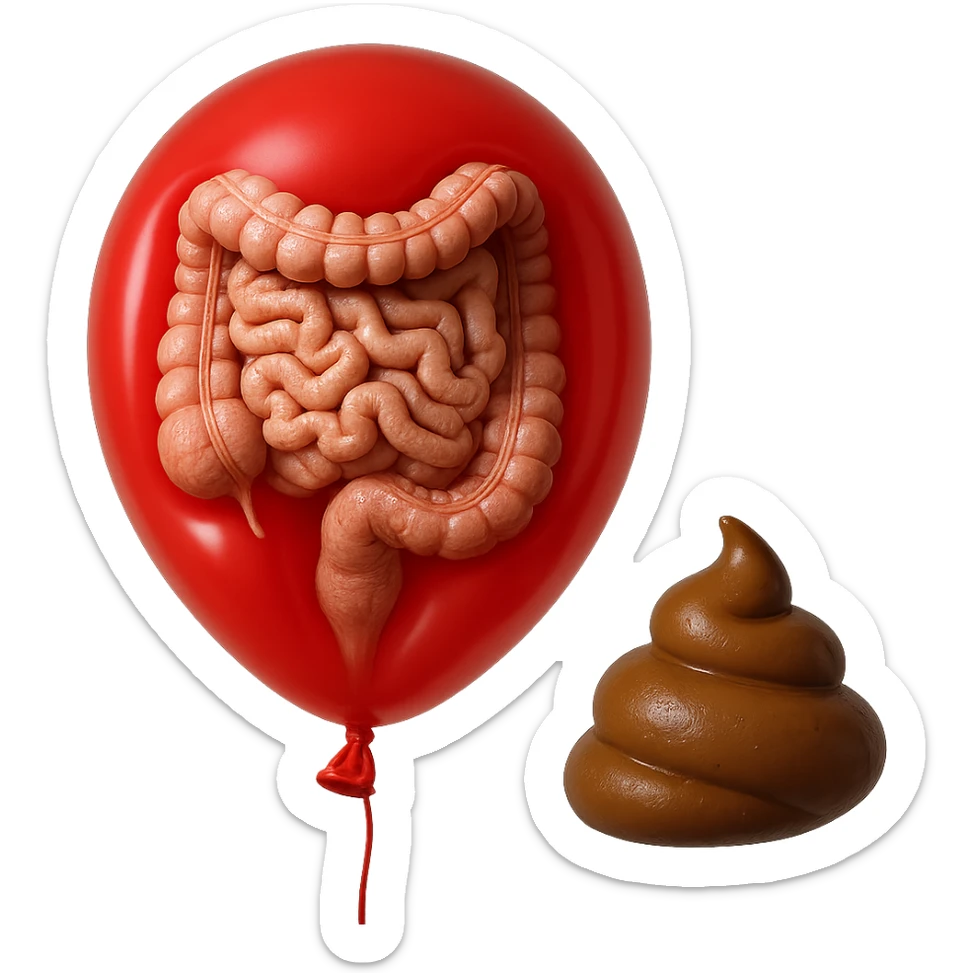 intestino umano anatomico chiuso in un palloncino rosso che simboleggia gonfiore, accanto un simbolo di cacca che simboleggia "diarrea", iperrealistico 4k sticker