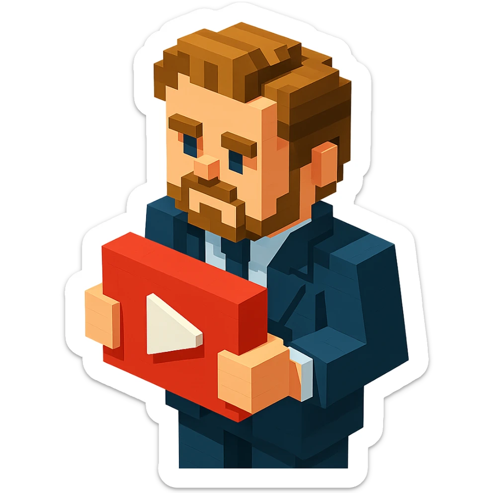 voxel style Leonardo DiCaprio holding a red YouTube play button, isometric view sticker