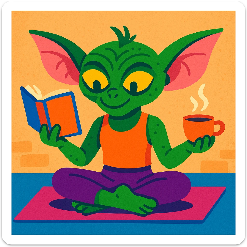colorful illustration of gremlin practicing yoga, holding tea and reading a book sticker