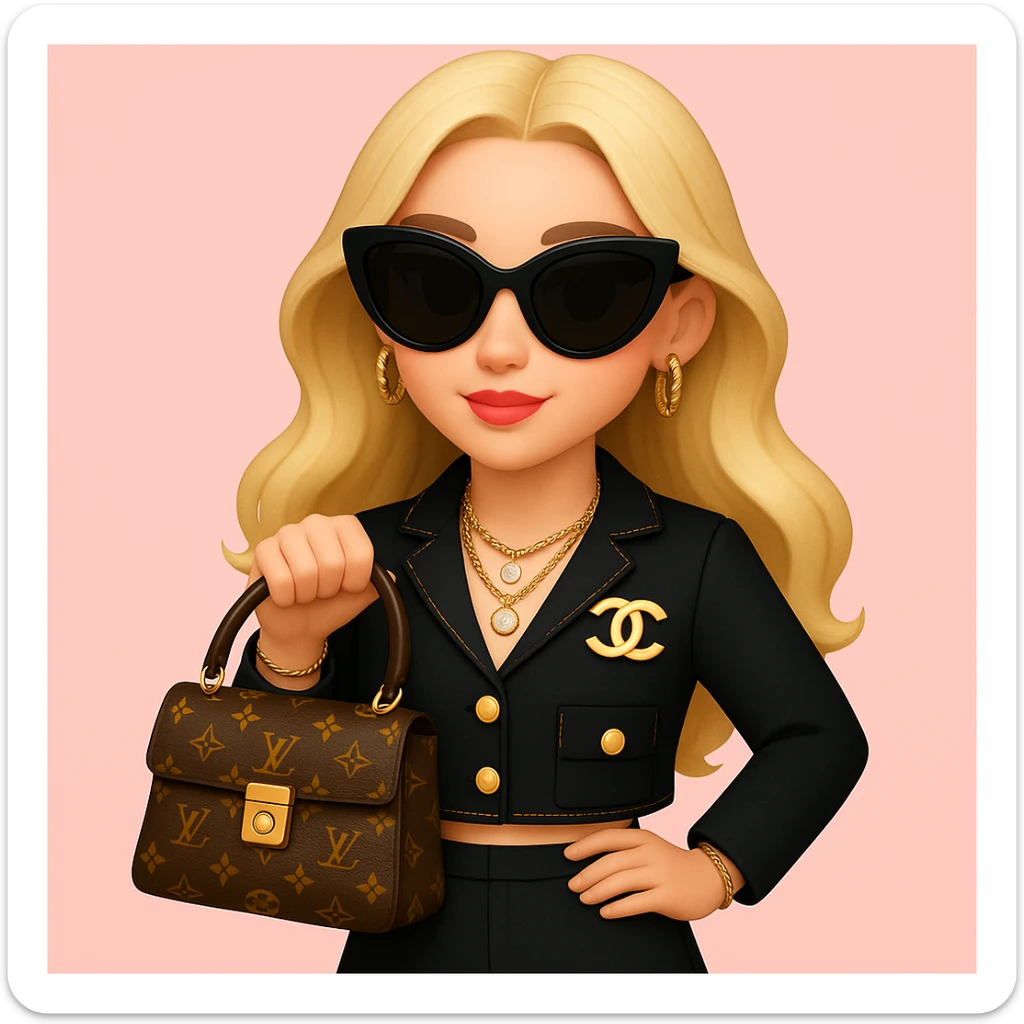 Add stylish black sunglasses and gold jewelry including earrings and a necklace to the girl. Keep the pink background and outfit unchanged. Maintain the original style and details of the girl while adding these accessories. sticker