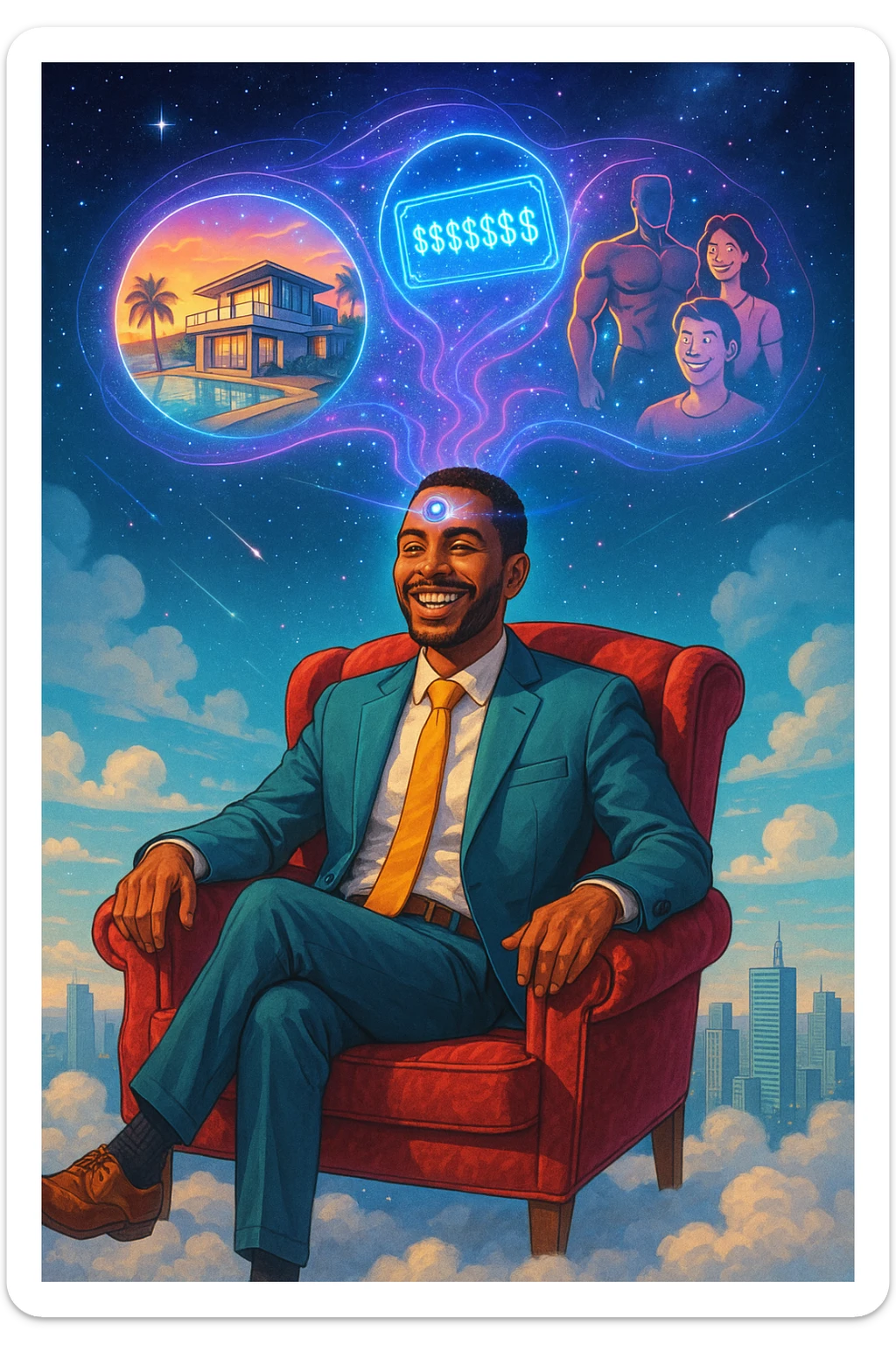 Un uomo sorridente e radioso, in abito elegante ma rilassato, seduto su una poltrona di velluto rosso fluttuante nel cielo sopra una città moderna. Dal suo terzo occhio (sulla fronte) si sprigiona un ologramma cosmico che mostra le sue visualizzazioni: una villa sul mare, un conto bancario con cifre infinite, un corpo atletico e persone felici intorno a lui sticker