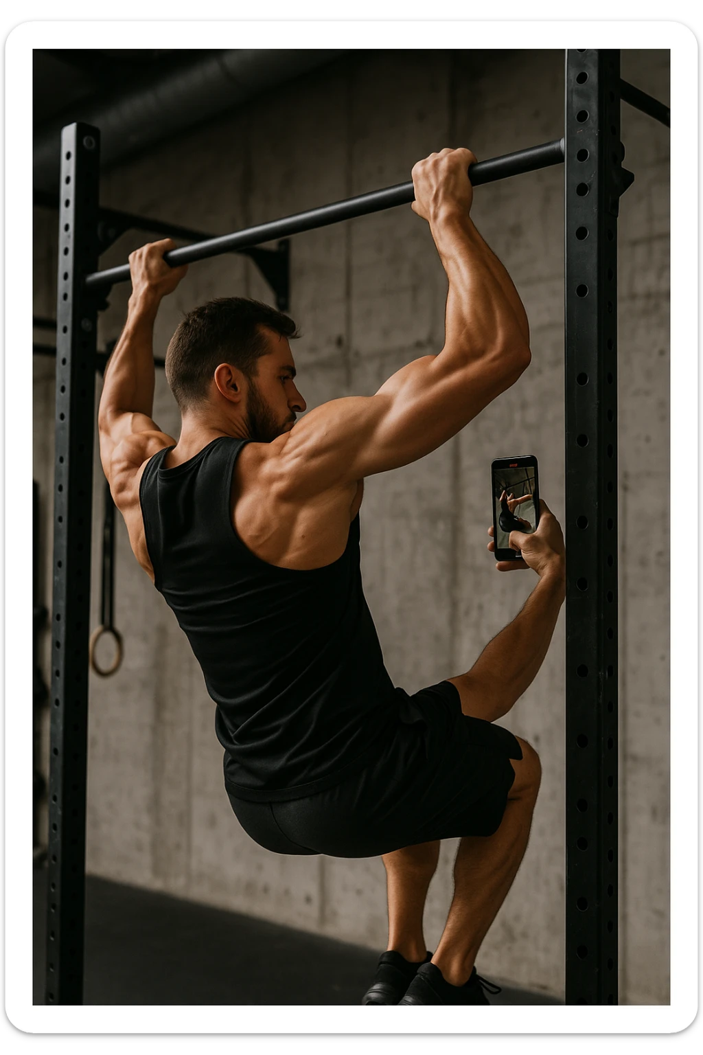 uomo che fa Muscle up e si sta filmando di lato con il telefonino che lo riprende mentre si allena, così da analizzarsi dopo sticker