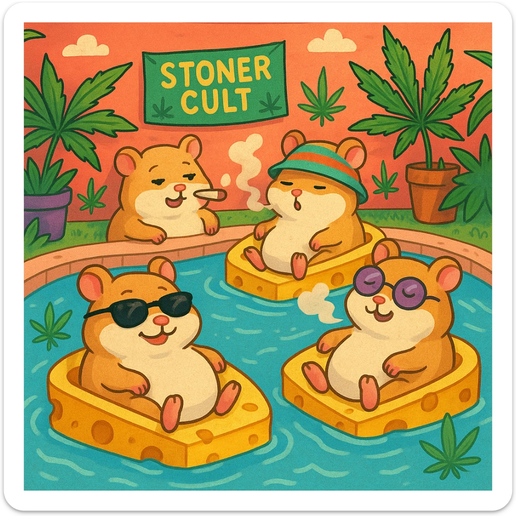 A pool party of hamsters with a stoner cult theme, weed leaves, cheese floats, and relaxed, silly expressions, colorful and quirky mood. sticker