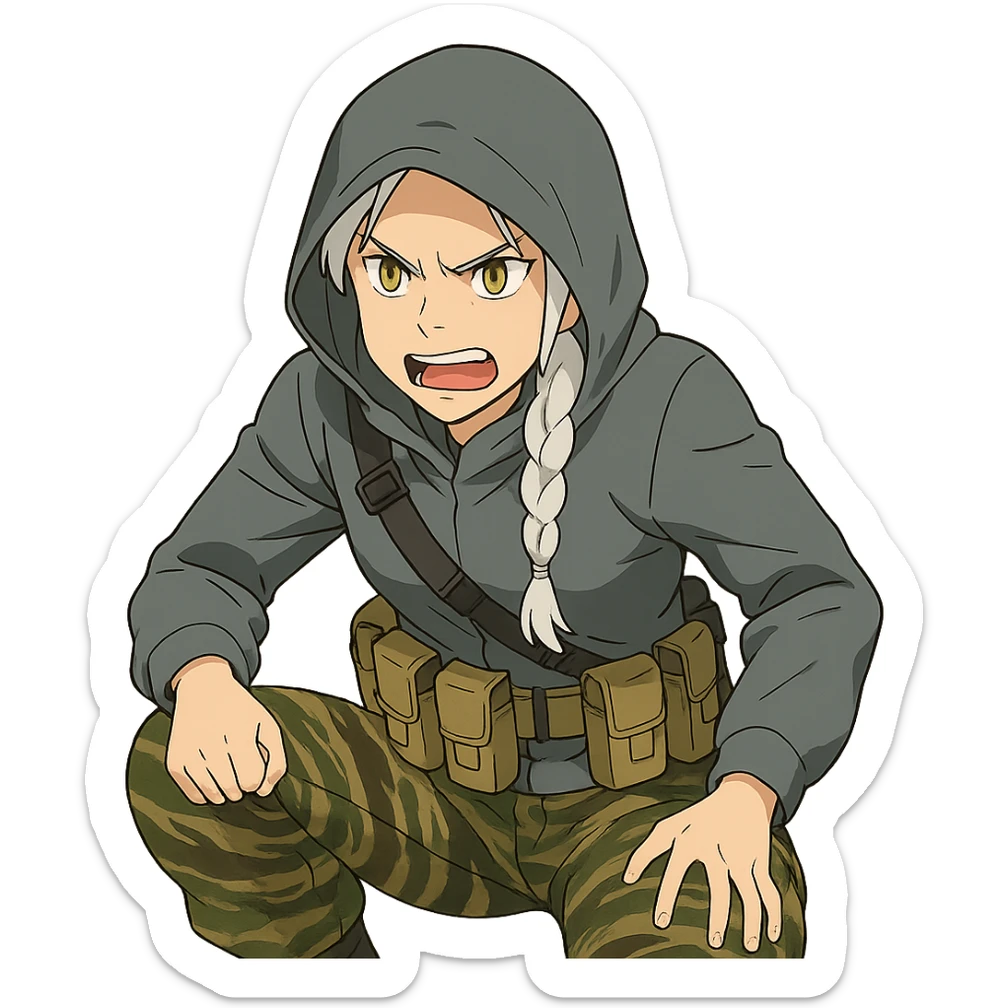 1 female, mid-20's  white hair long braid, gold yellow eyes, gray waterproof tactical shirt hoodie, hood up, single point sling, tan mag pouches on belt rig, tiger stripe camo pants, crouching, angry expression sticker