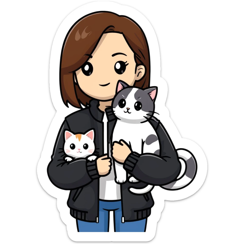 Light-skinned girl with brown straight hair wearing a black jacket, along with one pure white cat and one calico cat sticker