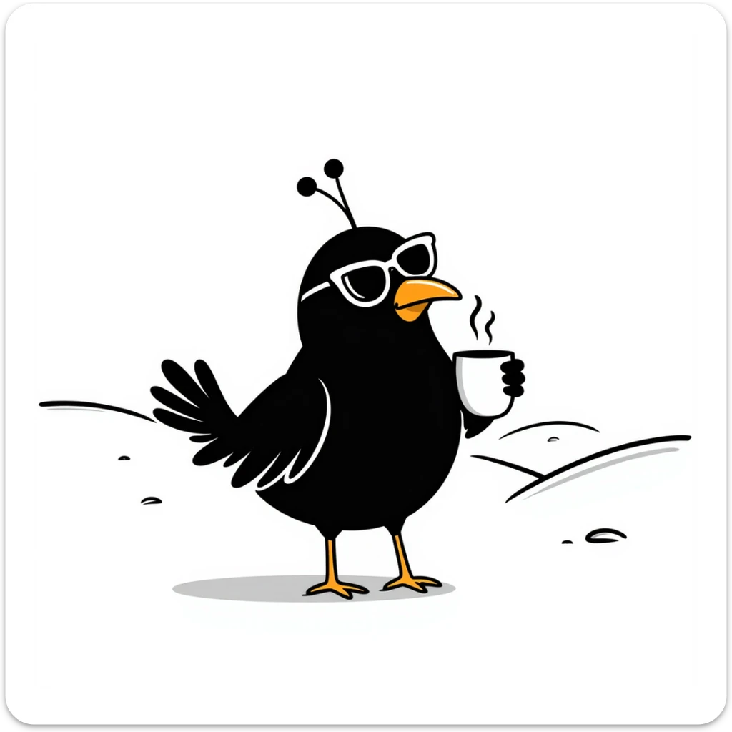 black bird with sunglasses and orange beak, in the desert with a cup of coffee and an antenna sticker