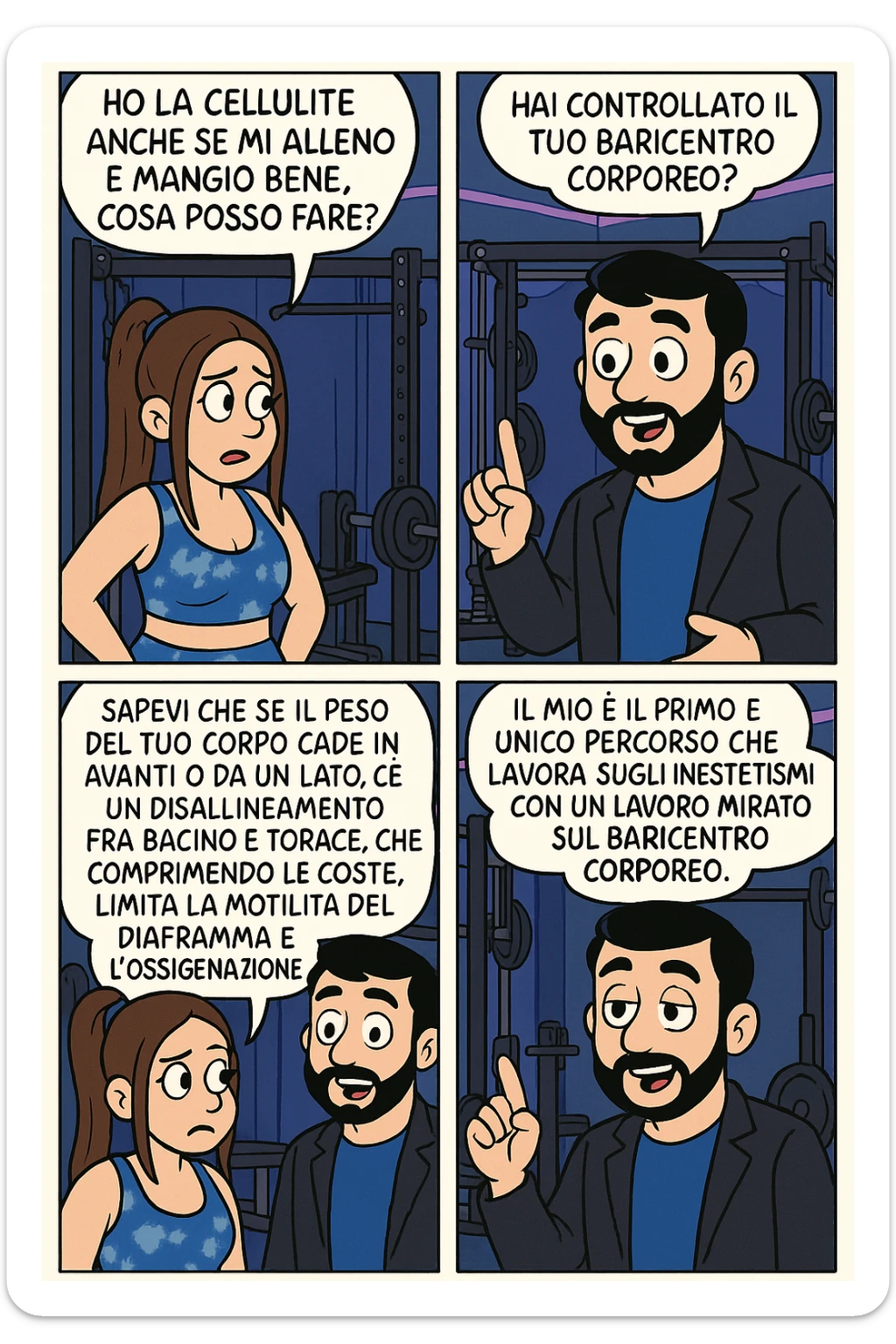 TRASFORMA QUESTO CAROSELLO IN UN FUMETTO STILE FUMETTO TOPOLINO CON QUESTE DUE PERSONE IDENTICHE CHE INTERLOQUISCONO TRA LORO:

LEI: Ho la cellulite anche se mi alleno e mangio bene, cosa posso fare?

LUI: Hai controllato il tuo baricentro corporeo?
LUI: Sapevi che se il peso del tuo corpo cade in avanti o da un lato, c’è un disallineamento fra bacino e torace, che comprimendo le coste, limita la motilità del diaframma e l’ossigenazione dei tessuti?
LUI: Il mio è il primo e unico percorso che lavora sugli inestetismi con un lavoro mirato sul baricentro corporeo. sticker