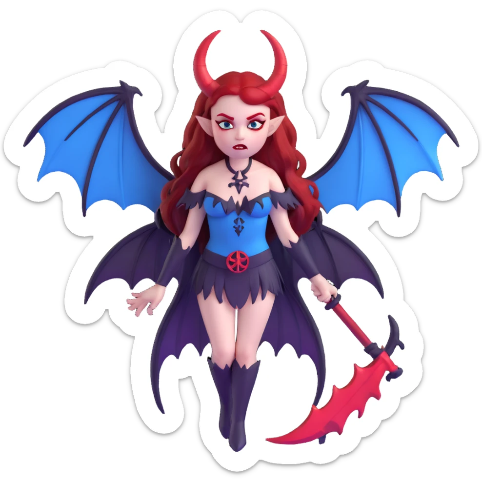 extremely diabolical demon girl with massive bat wings, blood red hair, sinister glowing blue eyes, dark hellish aura, sharp horns, fangs, pentagram sticker