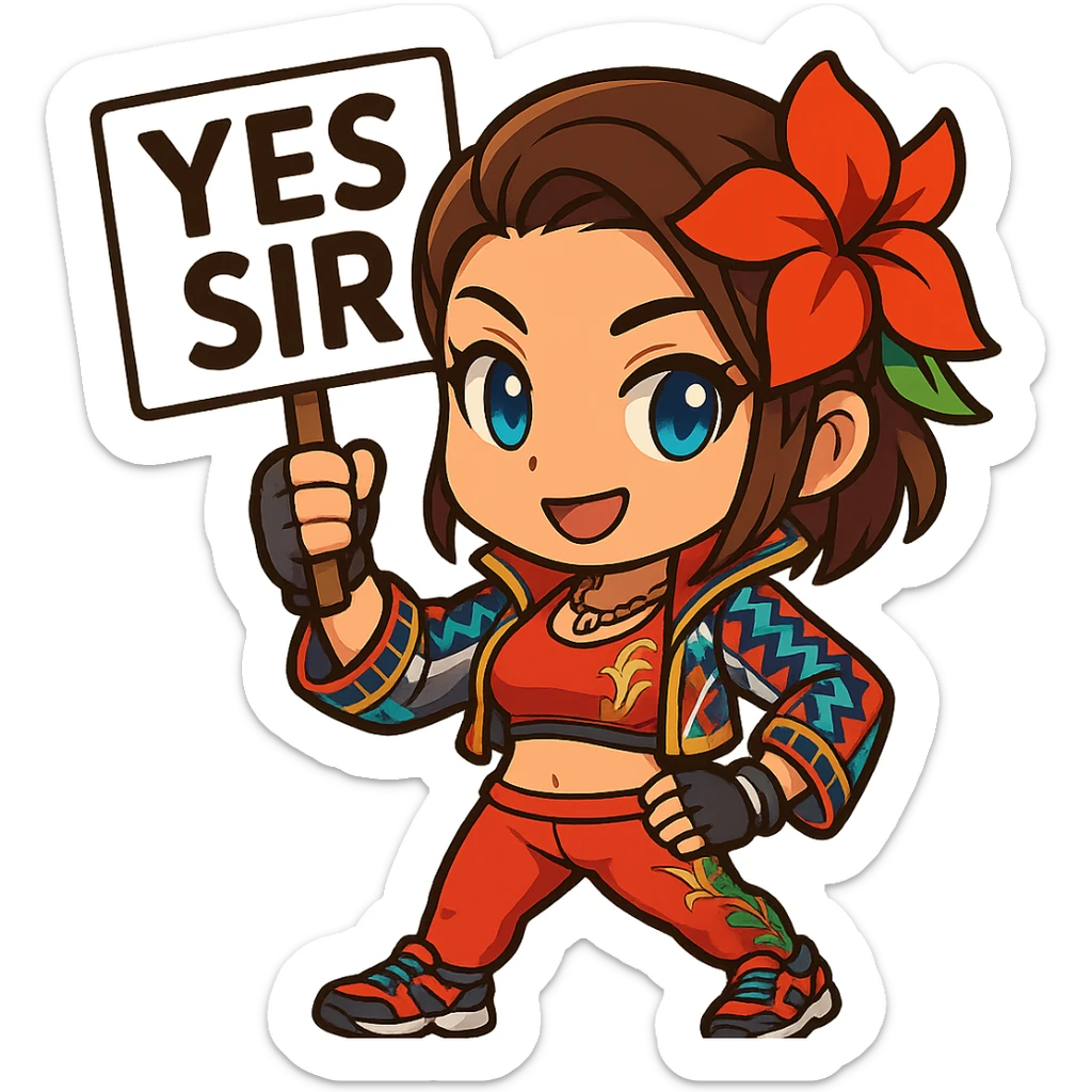 Azucena from Tekken 8 in chibi sticker style, holding a sign that says 'YES SIR', confident expression, wearing the detailed red and patterned outfit from the reference images, designed for Twitch emote use. sticker