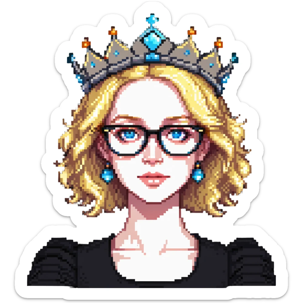 beautiful princess with blonde hair, bright blue eyes, wearing stylish glasses and a crown sticker