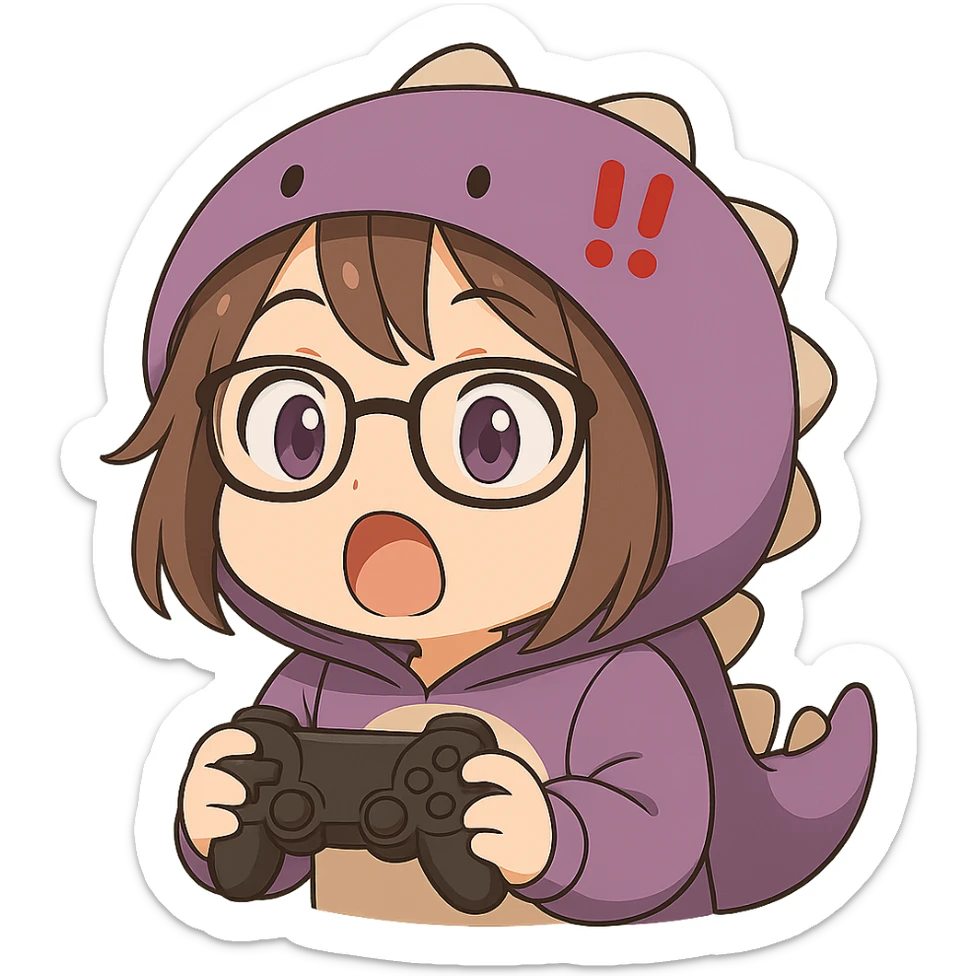 Chibi anime style gamer girl with glasses, brown hair, dark purple eyes, wearing a purple dinosaur costume, making a surprised emote, no background, same style as reference. sticker