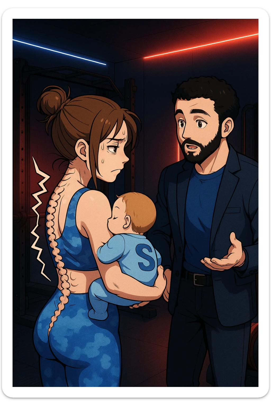 ispirati a questo stile di disegno e fai questa immagine in versione manga/webtoon a colori, il manga mostra la donna preoccupata di profilo con la postura sbagliata e incurvata, spalle chiuse e curve in avanti, con un neonato in braccio con una tutina azzurra e la scritta "S" sulla schiena, spina dorsale storta della donna in evidenza mentre ascolta l'uomo mentre l'uomo gli sta spiegando una cosa, ma non fare i fumetti, fai come se stessero parlando sticker