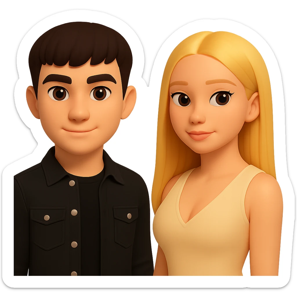 Slightly increase the volume of the upper body of the girl, separate the girl and the boy from each other, make the skin color the same for both characters. Maintain the cartoonish 3D style and keep the background transparent. sticker