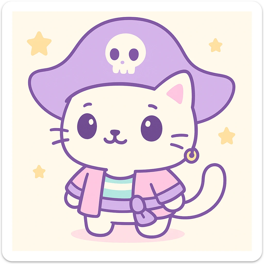 Male pirate cat in kawaii style with an oversized purple hat, cute face, white fur, and a gold earring. sticker