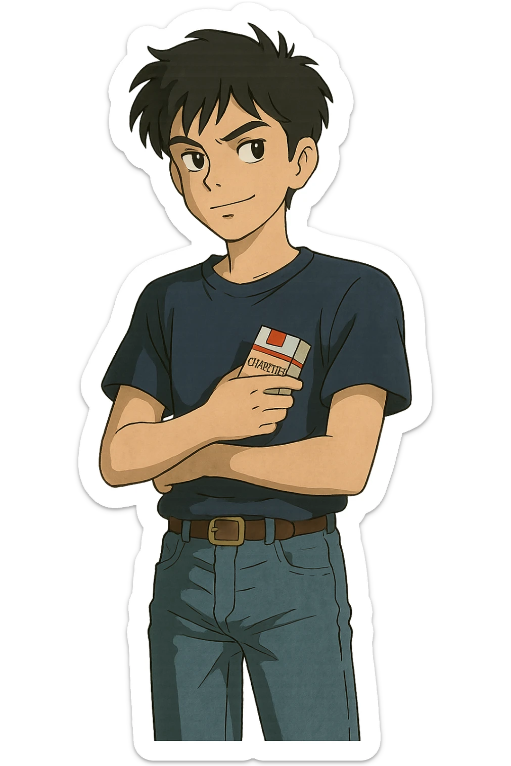A cool teenager wearing jeans and a t.shirt holding a packet of cigarettes close to his body sticker