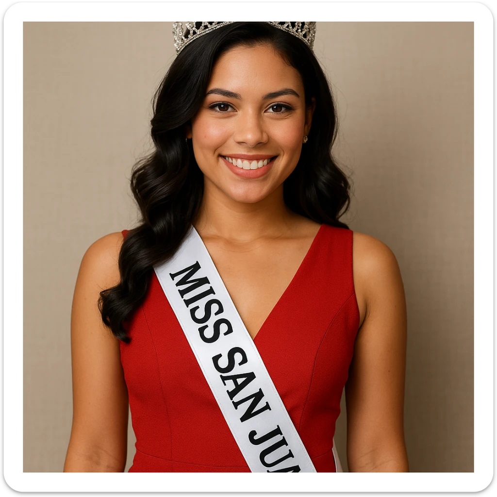 Add a white crossbody pageant ribbon that says 'Miss San Juan' in black letters. sticker