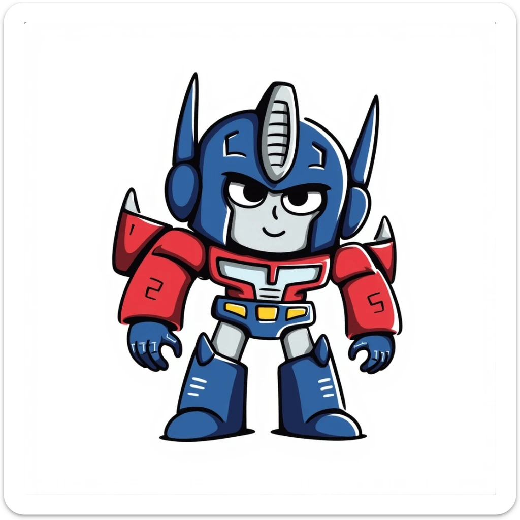Optimus Prime as a robot emoji, blue and red color scheme, metallic details, heroic expression sticker