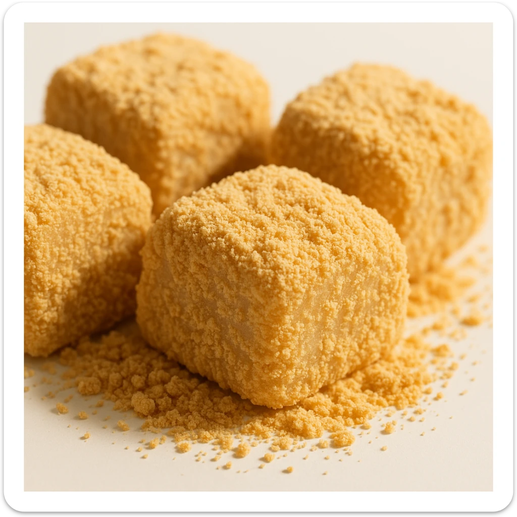 close-up of injeolmi rice cakes, roasted soybean powder, soft chewy texture, isolated on white, warm natural lighting sticker