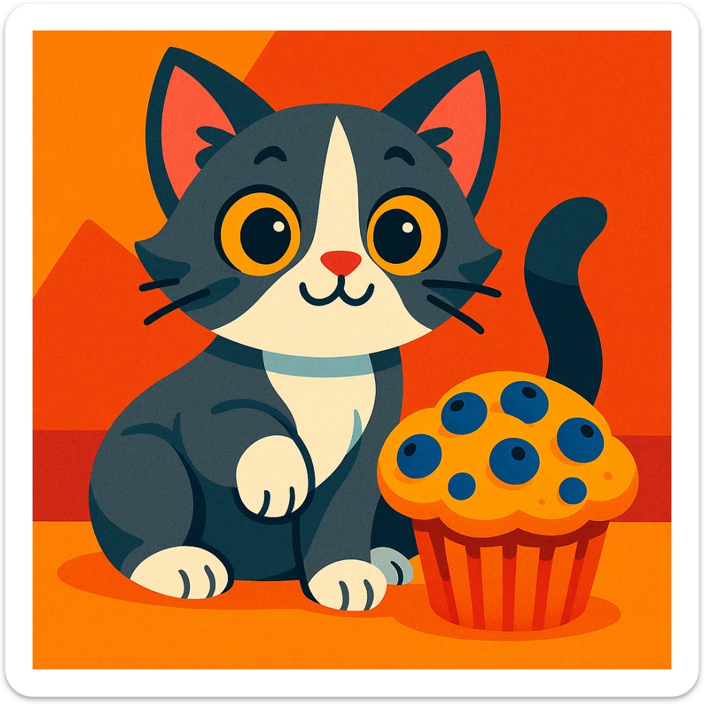 a playful grey and white kitten with a blueberry muffin, colorful illustration style, vibrant colors sticker