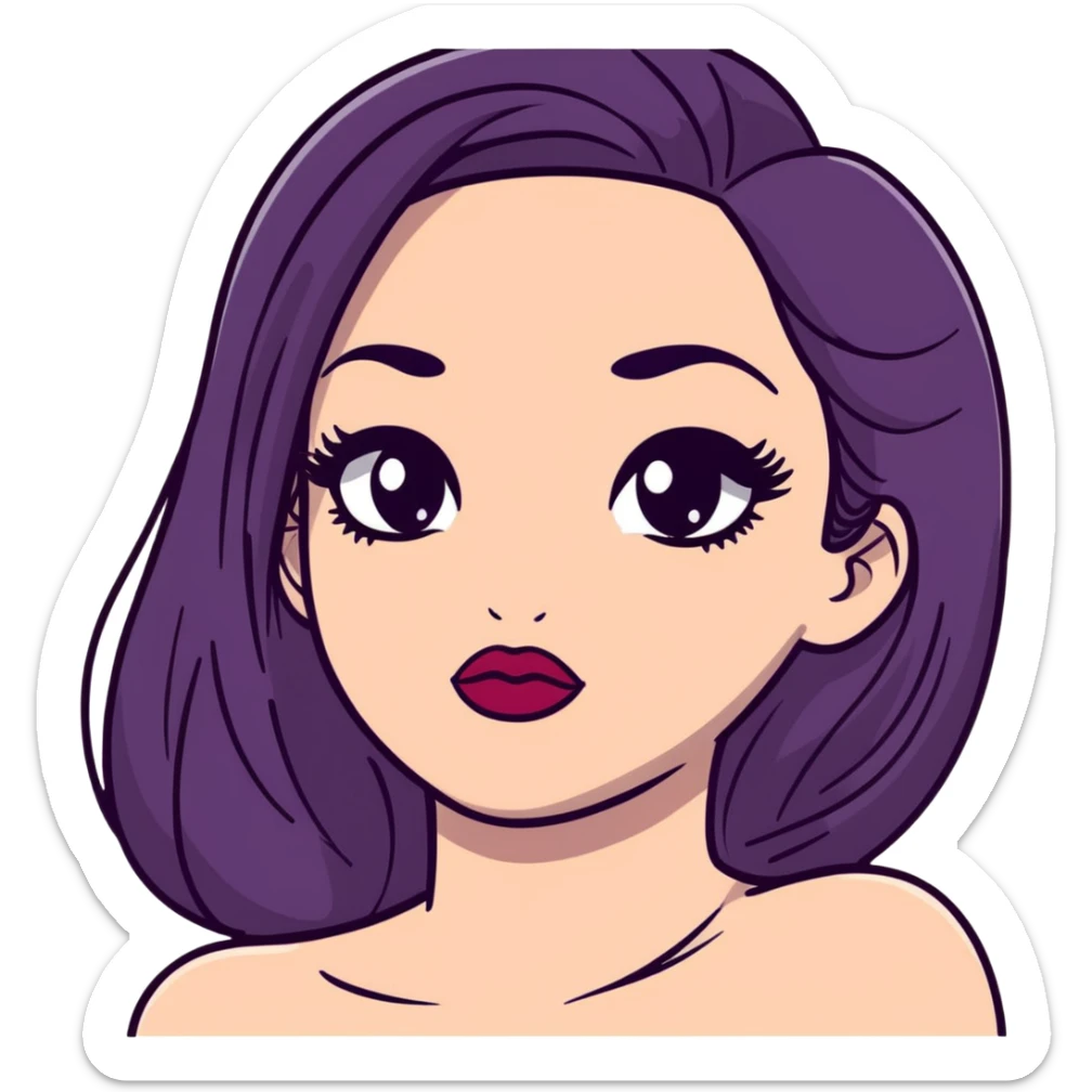 White girl with long oval face, huge round black eyes, big eyelashes, heather berry colored lips, shiny full lips, face closeup with bare shoulders, long straight middle-parted hair sticker