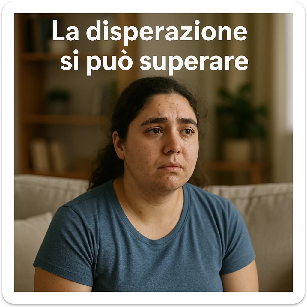 woman with PCOS sitting on sofa, lost gaze, tears in eyes, home environment, Italian text: 'La disperazione si può superare', 4K quality sticker