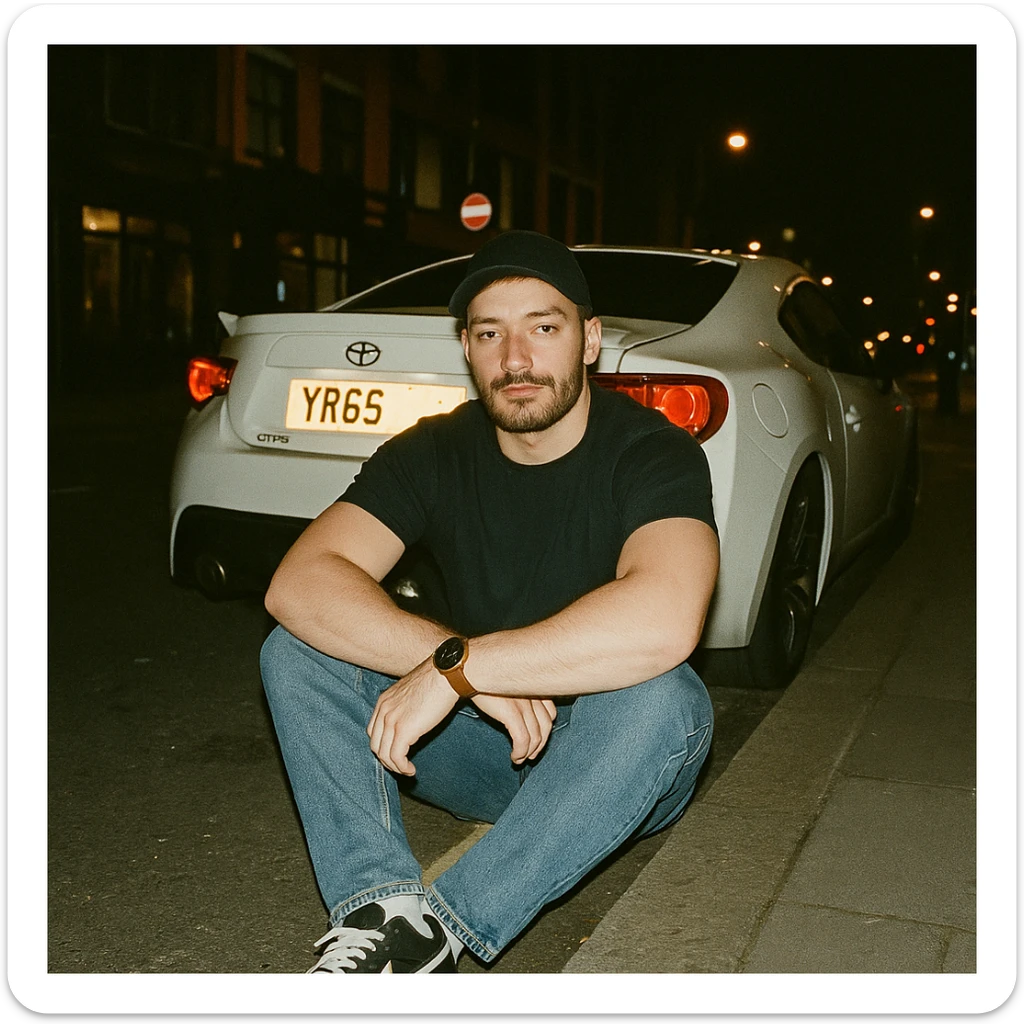 Grunge-style analog photo, London 2025, person inspired by the new reference image sitting on the curb in front of a Nissan GT 86, model pose, black t-shirt, jeans, Nike Air Jordan low, using flash, city street, analog grain, 5/8. sticker