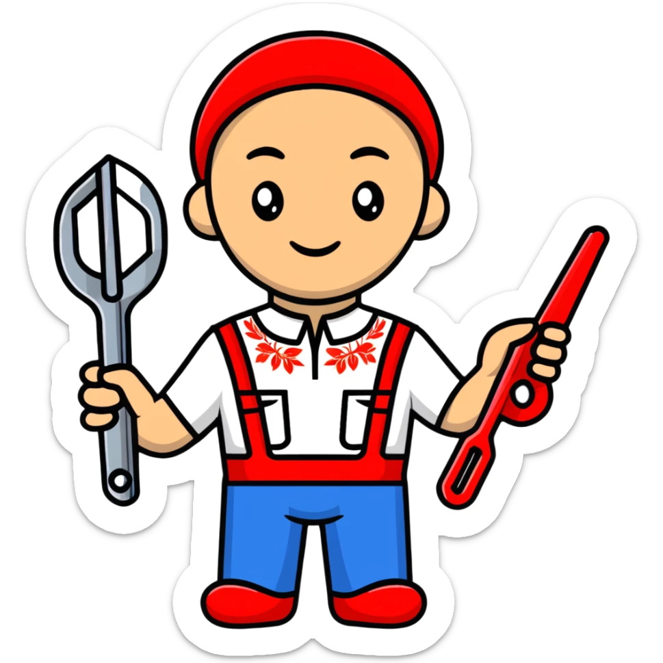 Ukrainian craftsman wearing traditional embroidered vyshyvanka shirt holding a spanner wrench and red scissors sticker