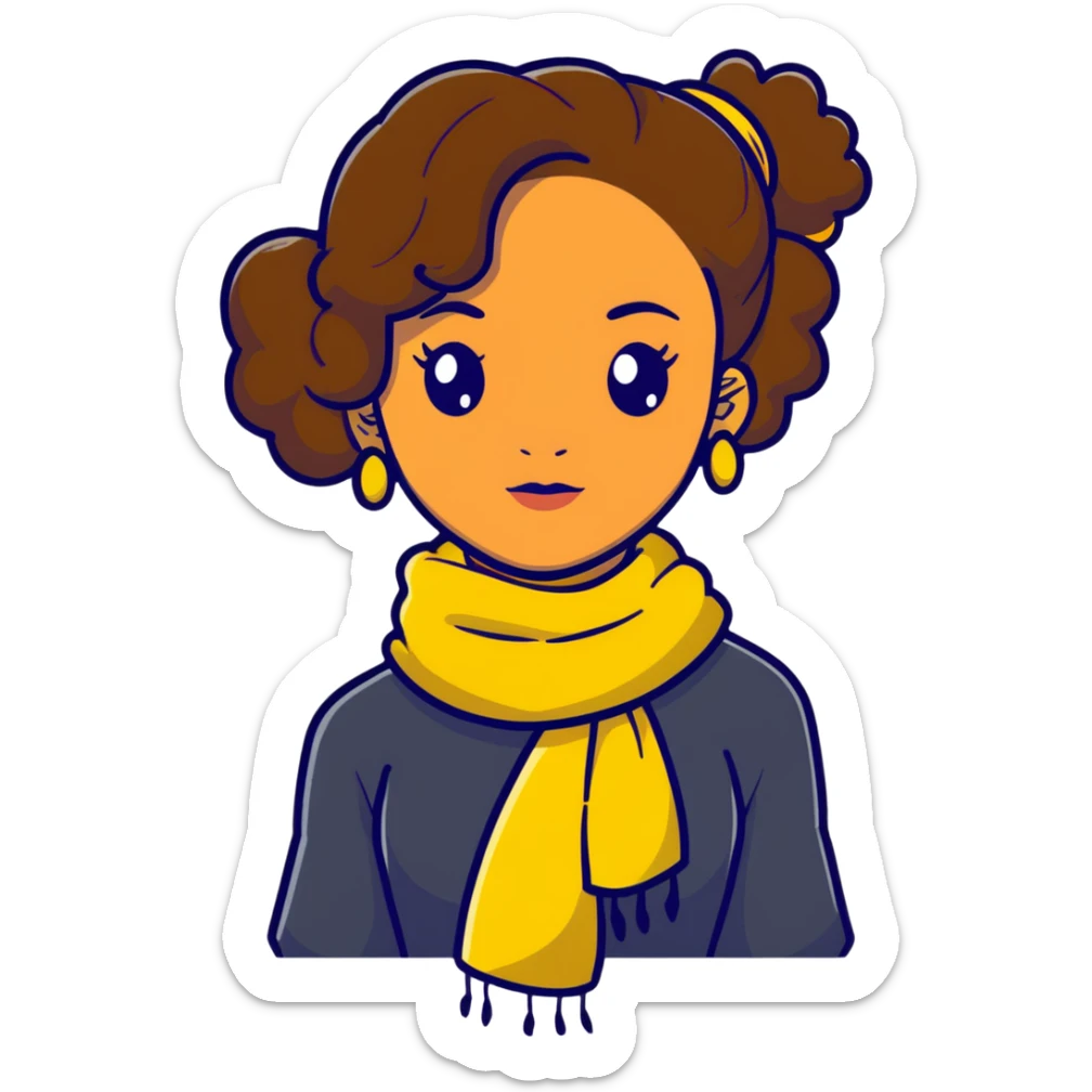 boho girl with brown skin, long curly brown hair tied high, lemon yellow scarf, round earrings sticker