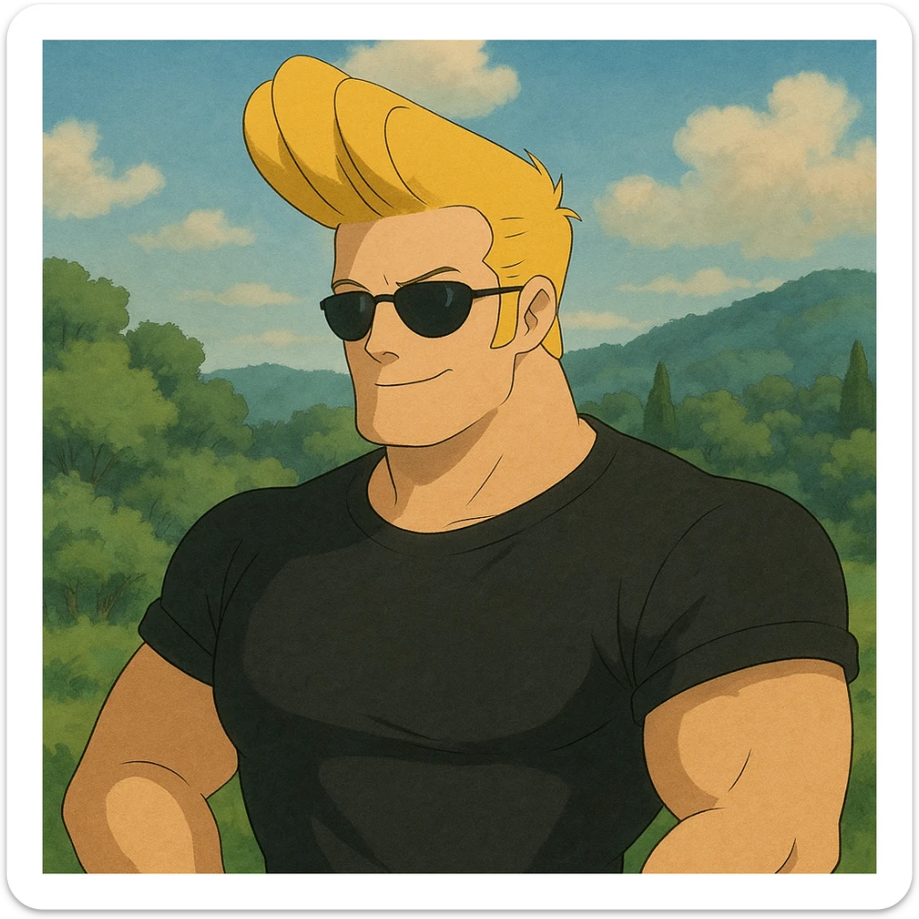Johnny Bravo cartoon character, muscular man with yellowish blonde hair, wearing sunglasses and a black t-shirt, in Ghibli art style sticker