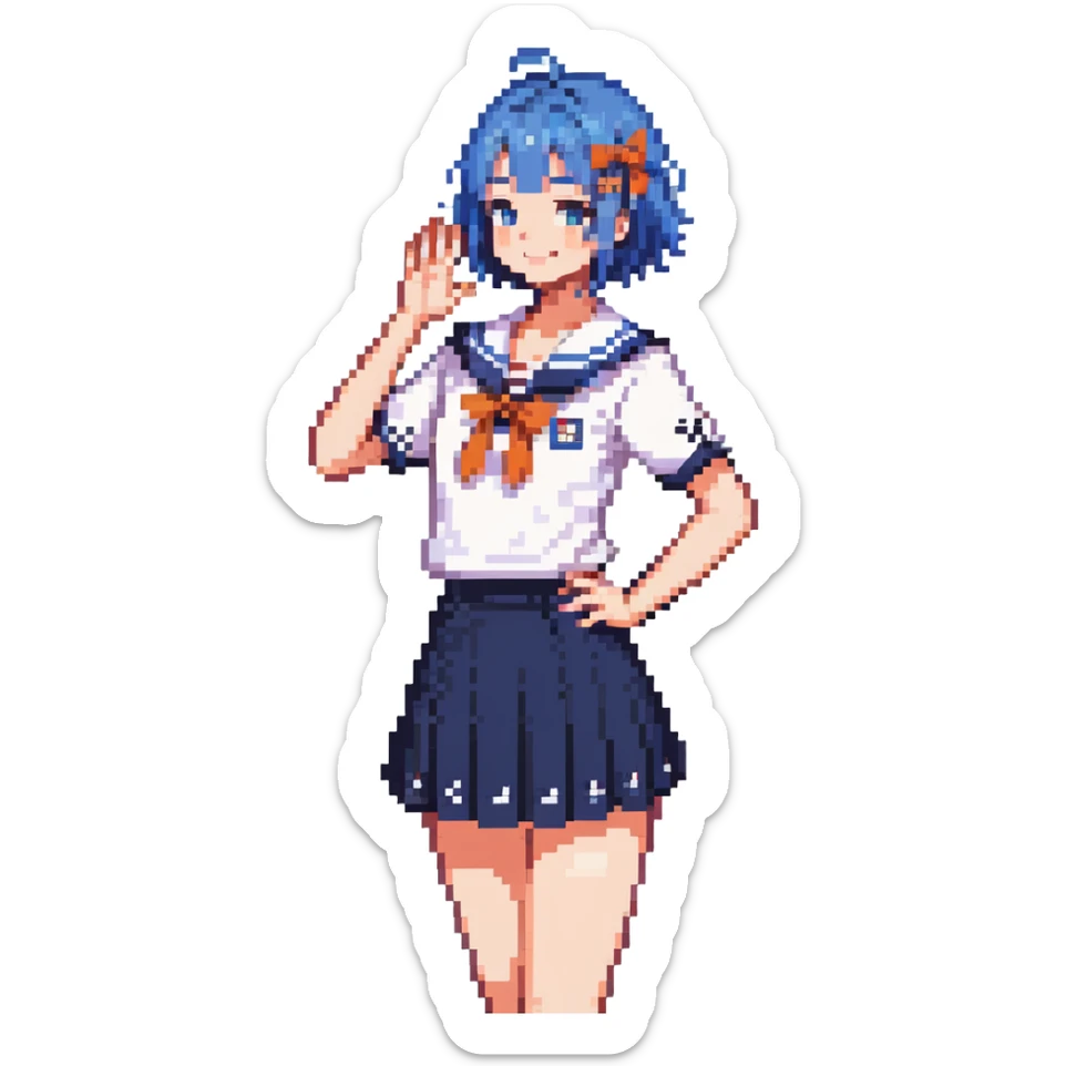 Pixel art anime girl with short bright blue hair wearing Japanese sailor style school uniform, composed posture with hand on hip but shyly waving with other hand, blushing face and timid smile, very shy expression sticker