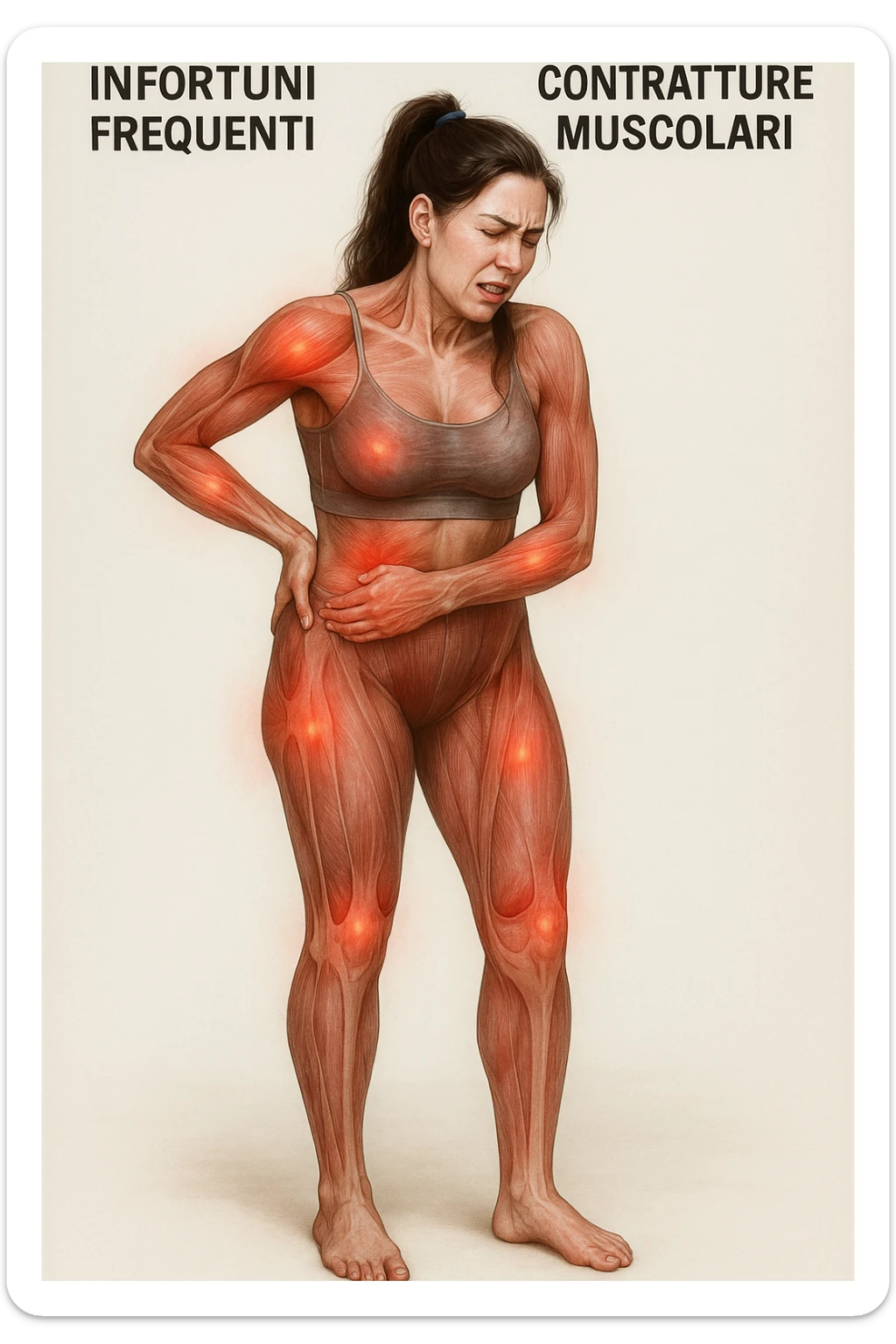 donna con infortuni e contratture frequenti in 3D realistica, donna dolorante immagine medica in italiano  sticker