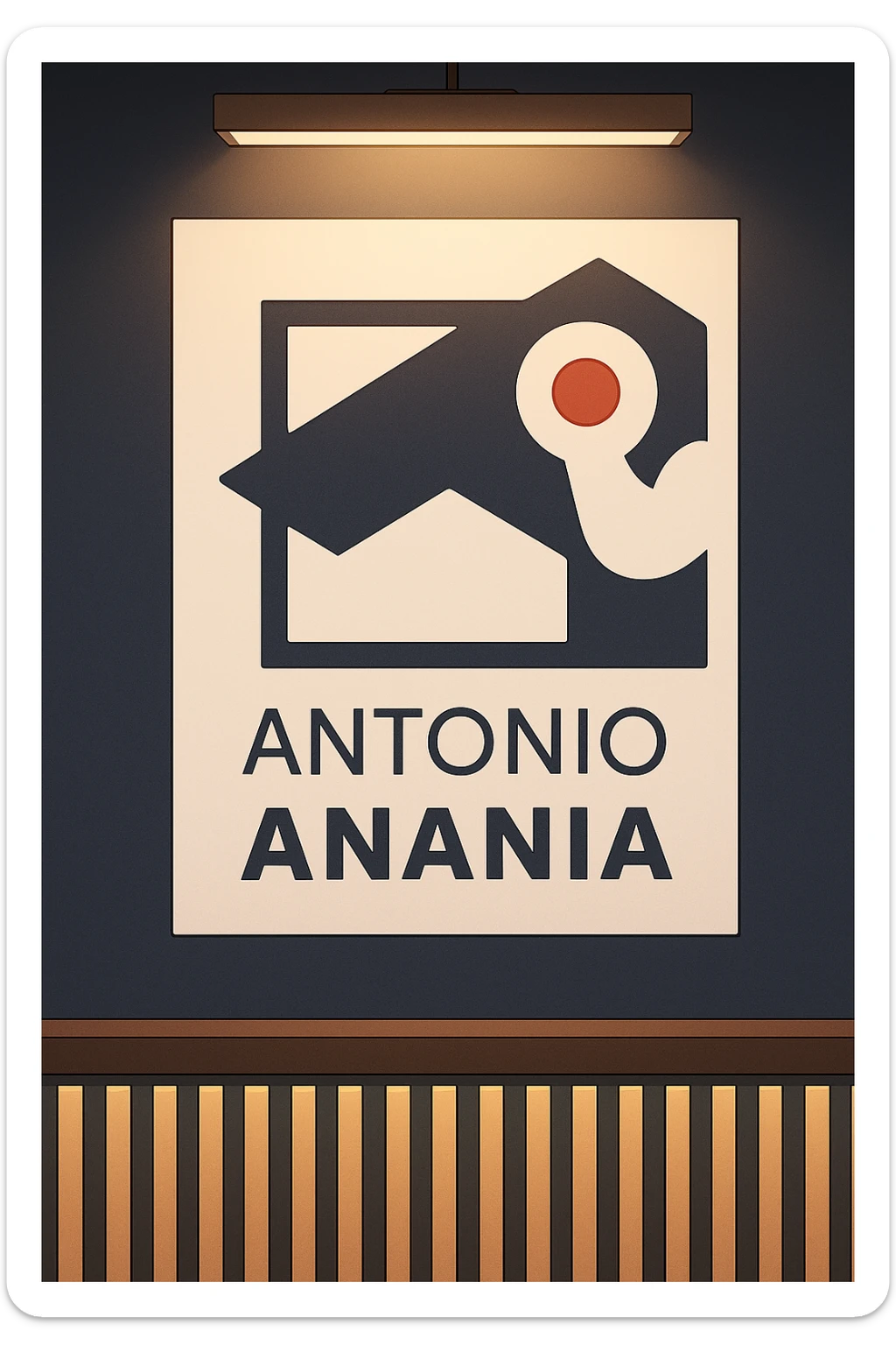 su questo stile fai un manga/webtoon a colori in cui mostri quella parete dietro dello studio con il suo logo e la scritta "ANTONIO ANANIA" SOTTO IL LOGO, LUCE CHE ILLUMINA IL LOGO sticker