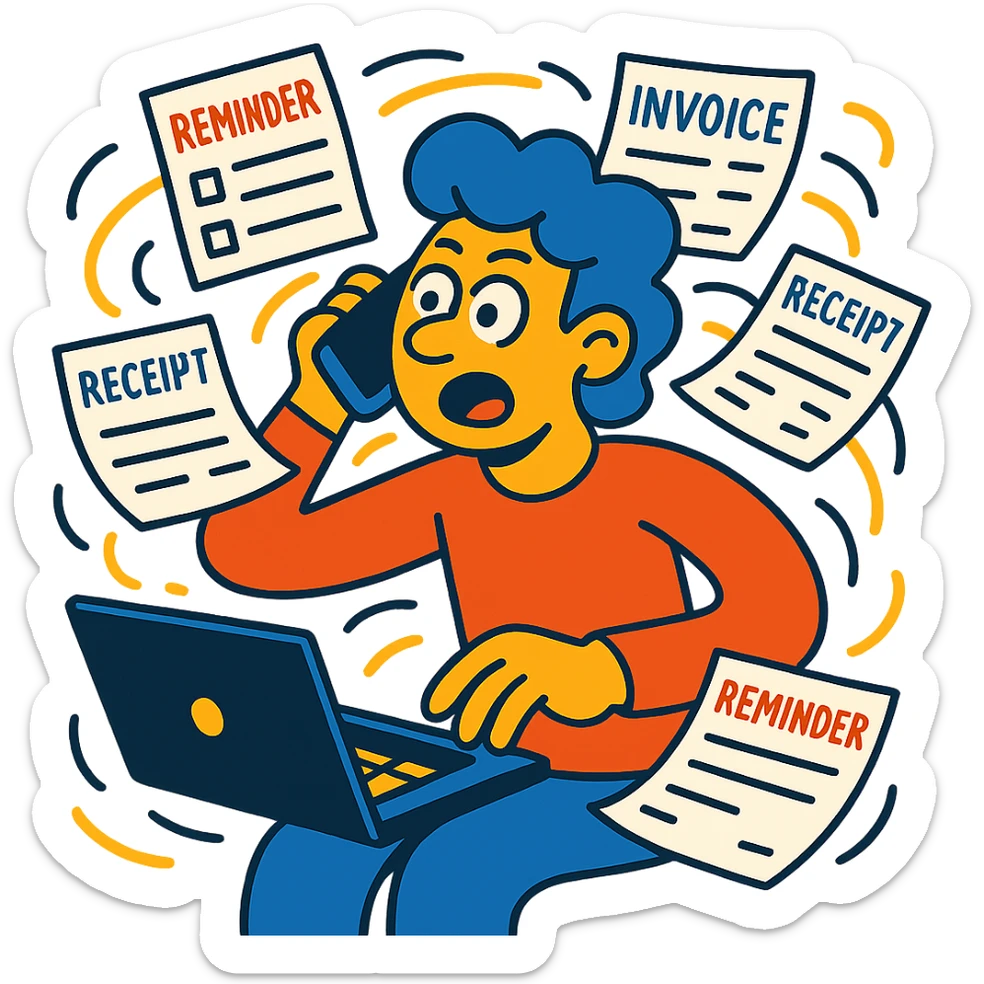 person holding a phone in one hand, laptop open in front, storm of receipts, invoices, and reminders swirling around, multitasking chaos sticker