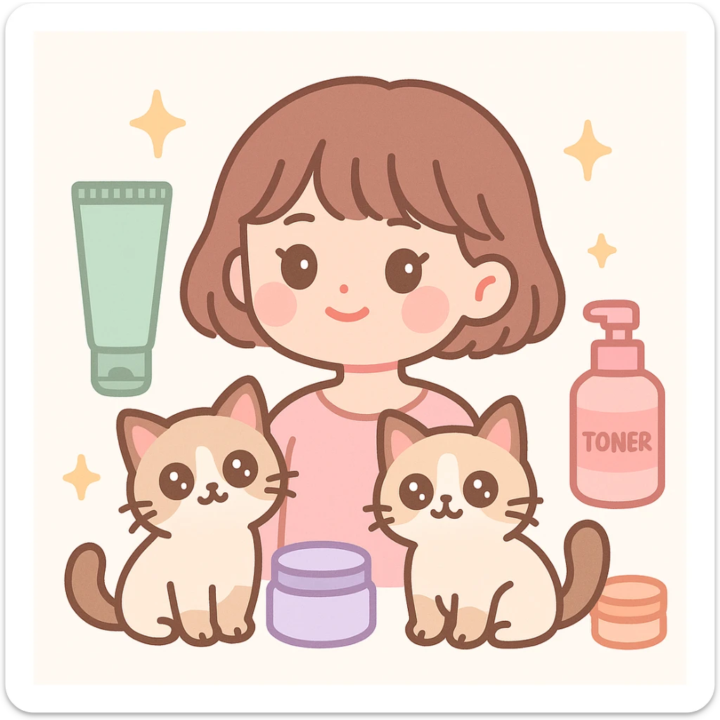 pink soft girl aesthetic illustration featuring a girl with short brown hair, cute makeup, skincare elements, sparkles, and two light brown ragdoll cats, cute and dreamy vibe sticker