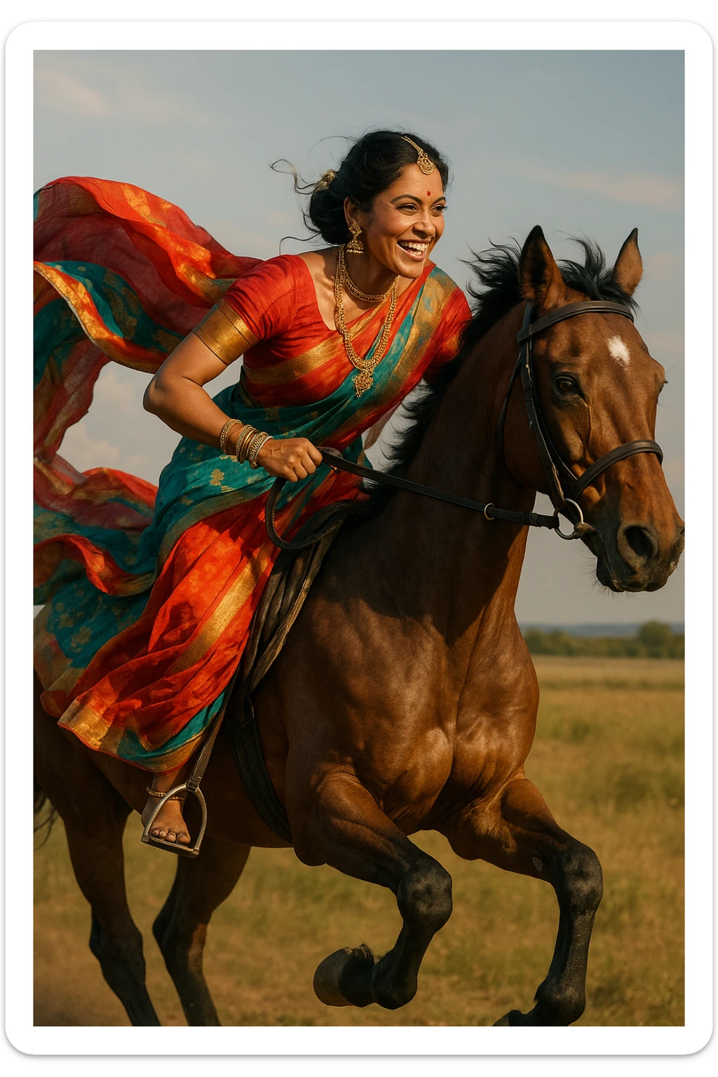 East Indian woman riding a galloping horse, vibrant sari, dynamic motion, expressive face, detailed jewelry, outdoor setting, full body, energetic, cinematic lighting sticker