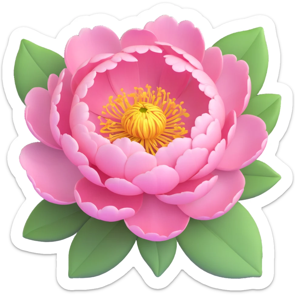 A pink peony flower in 3D iOS style with green leaves, detailed petals, and a soft, vibrant color scheme. sticker