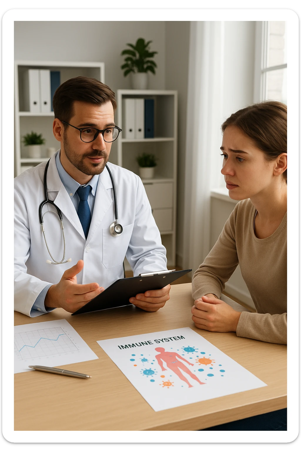 a doctor sits across from a patient in a bright, modern medical office. The doctor holds a clipboard and gently explains the diagnosis, while the patient listens with a concerned but attentive expression. On the desk, there are medical charts and a diagram of the immune system. The mood is empathetic and professional. sticker